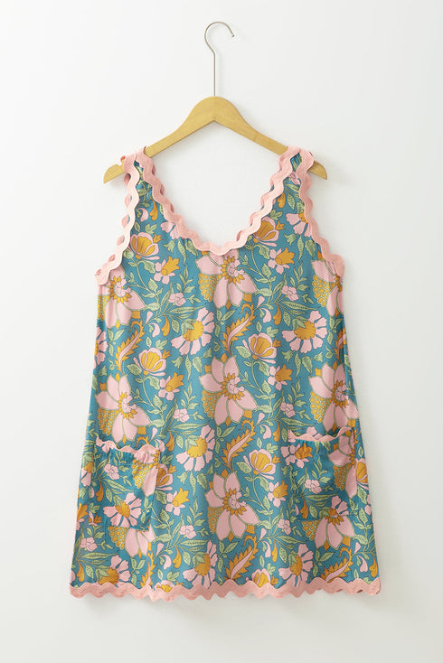 Floral Ricrac Trim V Neck Shift Mini Tank Dress