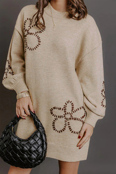 Floral Round Neck Puff Sleeve Shift Sweater Dress