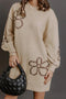 Floral Round Neck Puff Sleeve Shift Sweater Dress