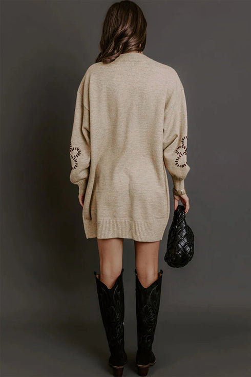 Floral Round Neck Puff Sleeve Shift Sweater Dress