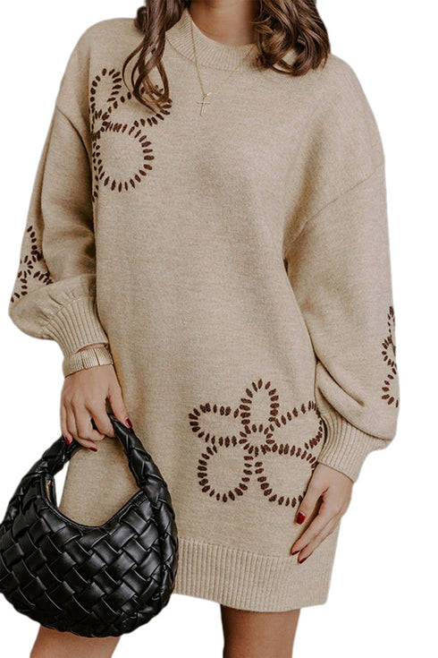 Floral Round Neck Puff Sleeve Shift Sweater Dress