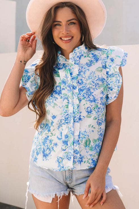 Floral Ruffle Detail High Neck Woven Blouse
