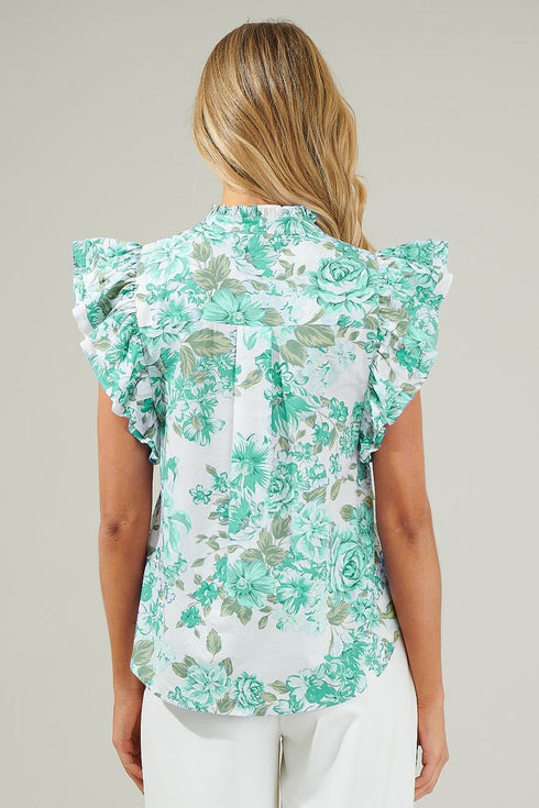 Floral Ruffle Detail High Neck Woven Blouse
