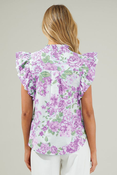 Floral Ruffle Detail High Neck Woven Blouse