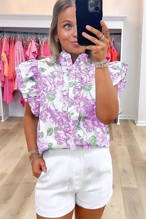 Floral Ruffle Detail High Neck Woven Blouse