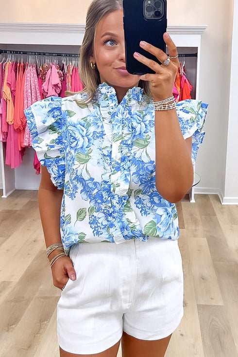 Floral Ruffle Detail High Neck Woven Blouse
