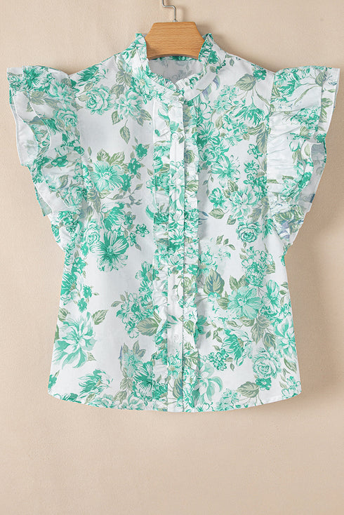 Floral Ruffle Detail High Neck Woven Blouse