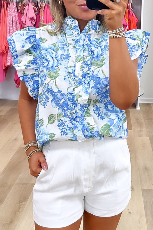 Floral Ruffle Detail High Neck Woven Blouse