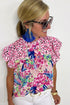 Floral Ruffle Sleeve Loose Fit Summer Blouse with Mixed Prints