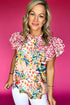Floral Ruffle Sleeve Loose Fit Summer Blouse with Mixed Prints