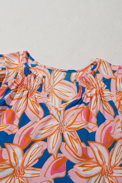 Floral Ruffle Sleeve Notched Neck Blouse