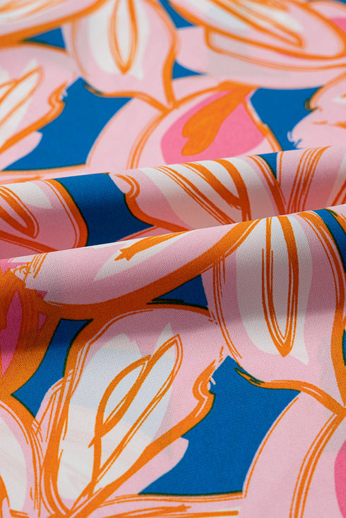 Floral Ruffle Sleeve Notched Neck Blouse