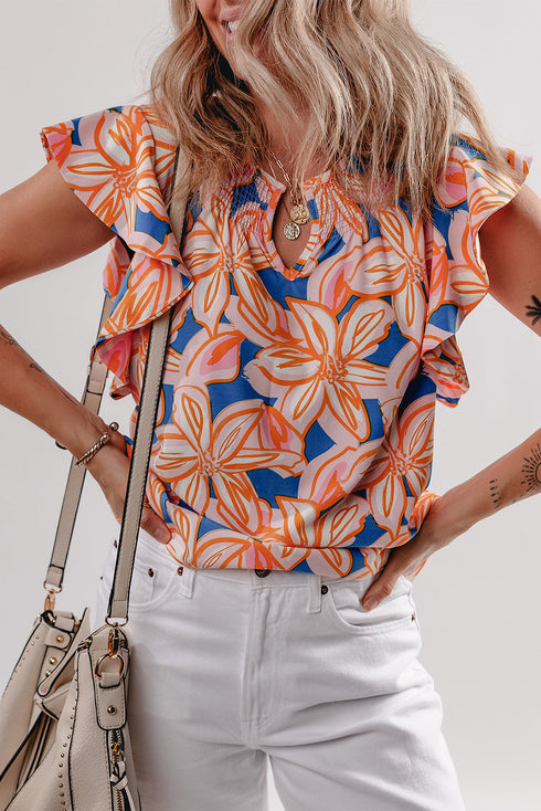 Floral Ruffle Sleeve Notched Neck Blouse