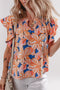 Floral Ruffle Sleeve Notched Neck Blouse