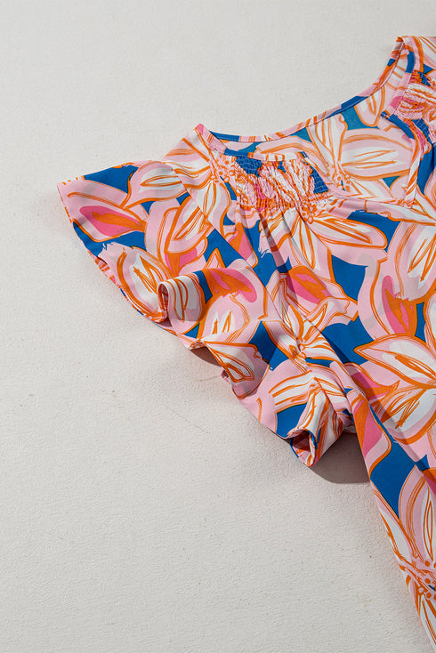 Floral Ruffle Sleeve Notched Neck Blouse