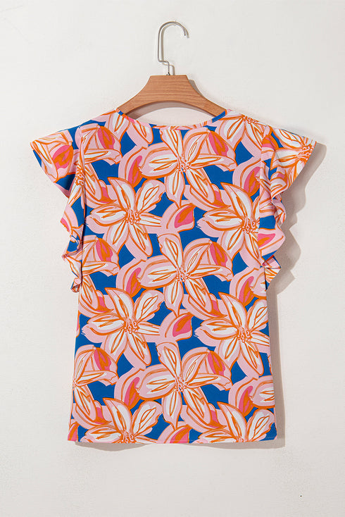 Floral Ruffle Sleeve Notched Neck Blouse