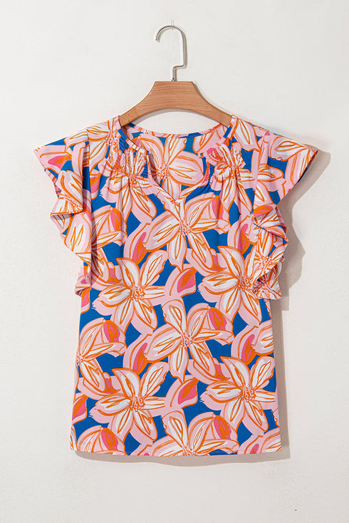 Floral Ruffle Sleeve Notched Neck Blouse