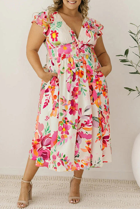 Floral Ruffle Sleeve V Neck Tiered Midi Dress for Curvy Figures