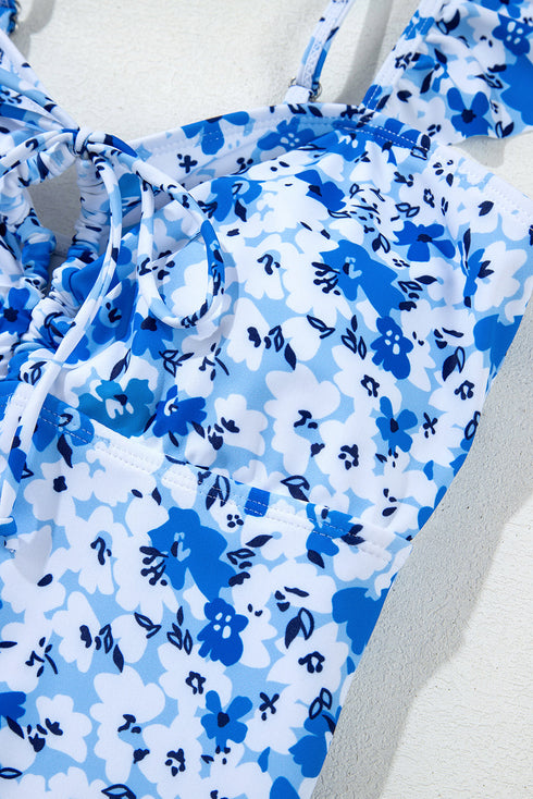 Floral Ruffle Strap Keyhole Tie Front One Piece Swimsuit