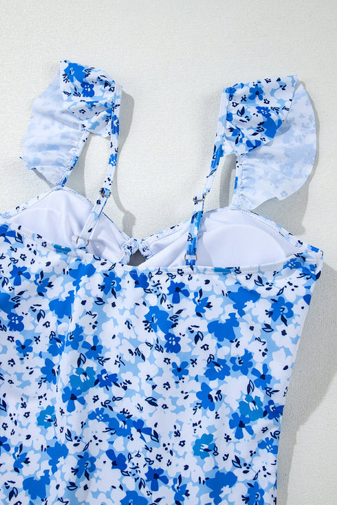 Floral Ruffle Strap Keyhole Tie Front One Piece Swimsuit