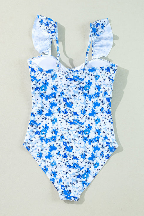 Floral Ruffle Strap Keyhole Tie Front One Piece Swimsuit