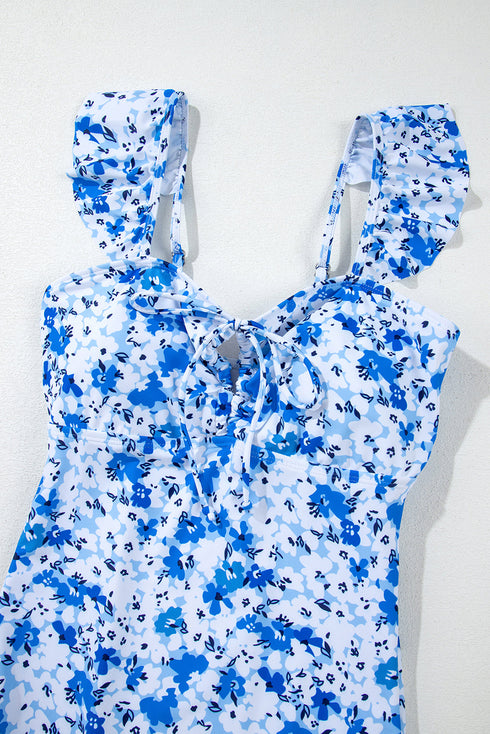 Floral Ruffle Strap Keyhole Tie Front One Piece Swimsuit