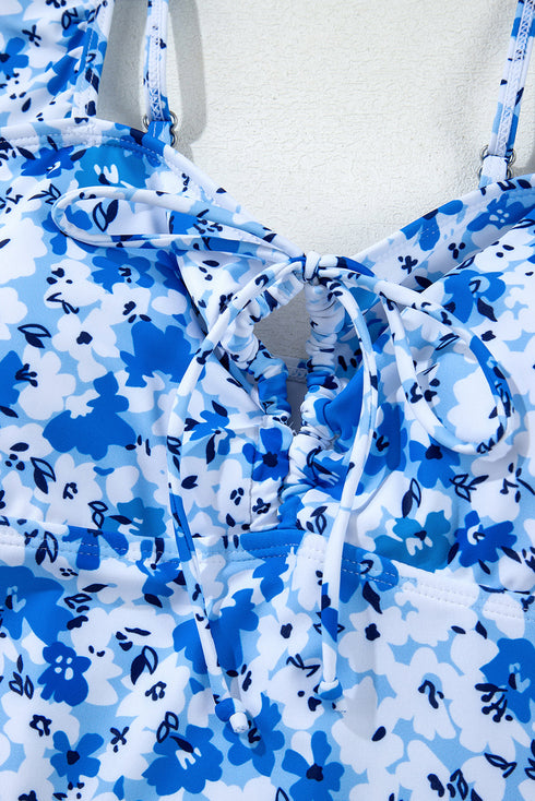 Floral Ruffle Strap Keyhole Tie Front One Piece Swimsuit