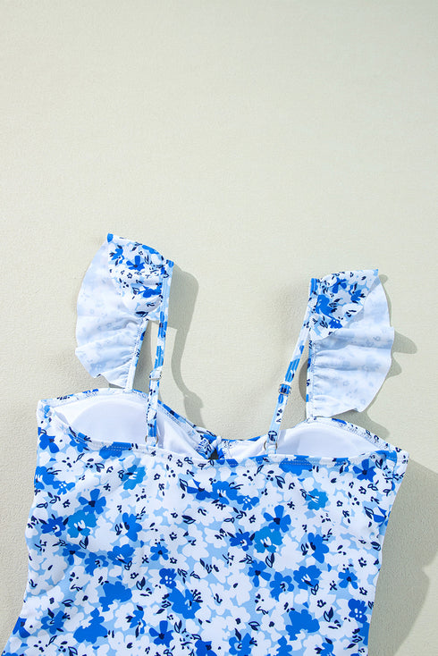 Floral Ruffle Strap Keyhole Tie Front One Piece Swimsuit