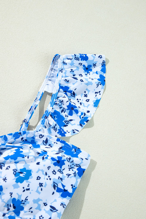 Floral Ruffle Strap Keyhole Tie Front One Piece Swimsuit