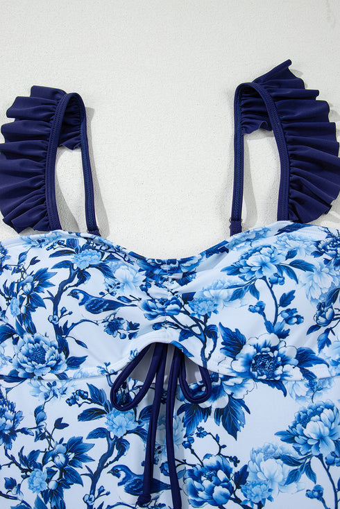 Floral Ruffle Strap Tie Front One Piece Swimsuit