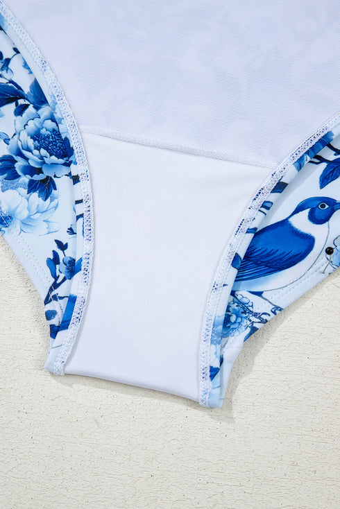 Floral Ruffle Strap Tie Front One Piece Swimsuit