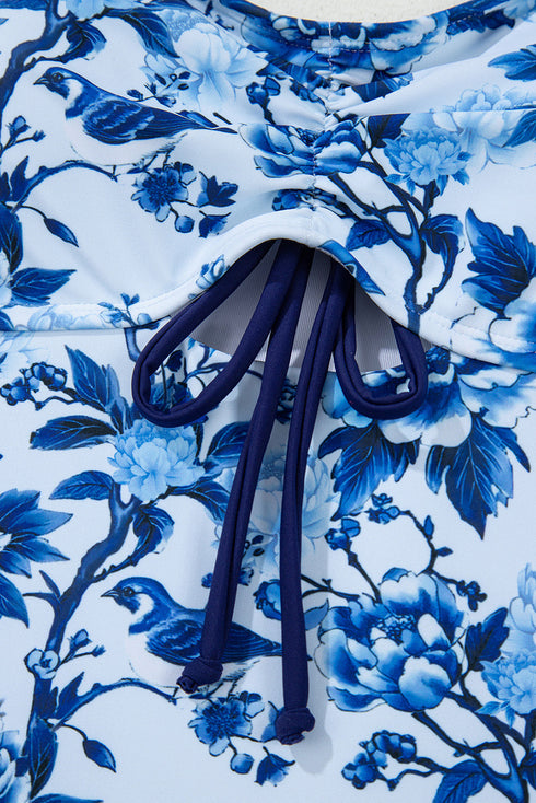 Floral Ruffle Strap Tie Front One Piece Swimsuit