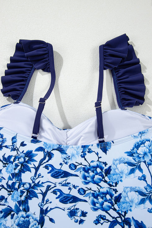 Floral Ruffle Strap Tie Front One Piece Swimsuit