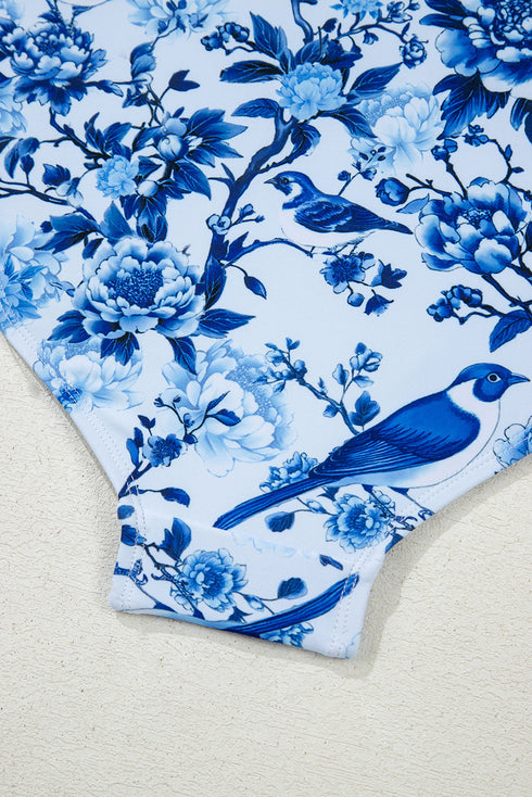 Floral Ruffle Strap Tie Front One Piece Swimsuit