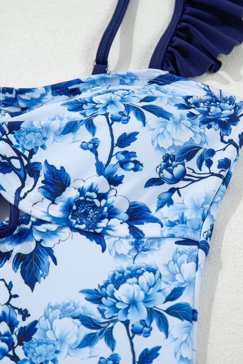 Floral Ruffle Strap Tie Front One Piece Swimsuit