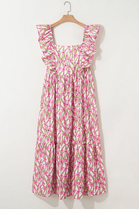 Floral Ruffle Trim Square Neck A Line Maxi Dress