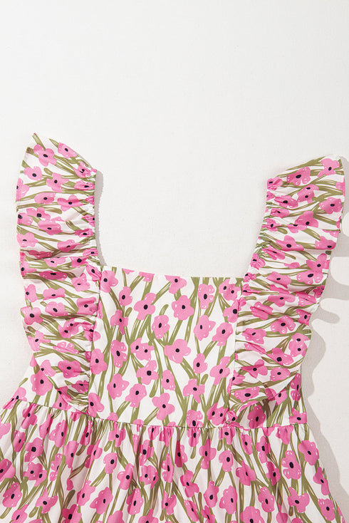 Floral Ruffle Trim Square Neck A Line Maxi Dress