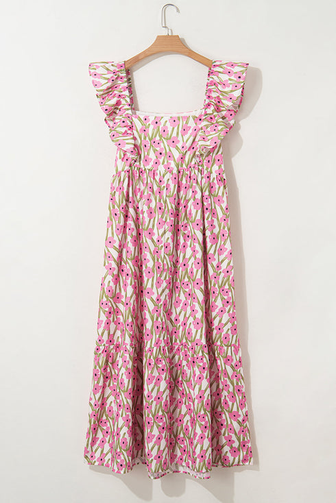 Floral Ruffle Trim Square Neck A Line Maxi Dress