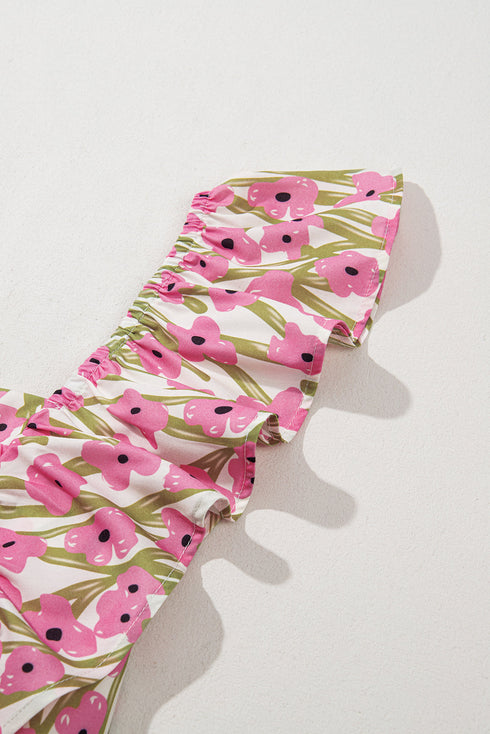 Floral Ruffle Trim Square Neck A Line Maxi Dress