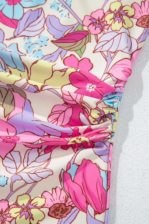 Floral Ruffle Trim V Neck Lace-up Back Tummy Control One Piece Swimsuit