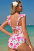 Floral Ruffle Trim V Neck Lace-up Back Tummy Control One Piece Swimsuit