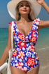 Floral Ruffle Trim V Neck Lace-up Back Tummy Control One Piece Swimsuit