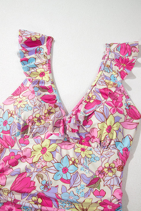 Floral Ruffle Trim V Neck Lace-up Back Tummy Control One Piece Swimsuit