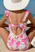 Floral Ruffle Trim V Neck Lace-up Back Tummy Control One Piece Swimsuit