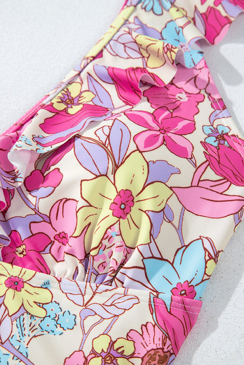 Floral Ruffle Trim V Neck Lace-up Back Tummy Control One Piece Swimsuit