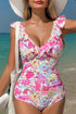 Floral Ruffle Trim V Neck Lace-up Back Tummy Control One Piece Swimsuit
