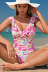 Floral Ruffle Trim V Neck Lace-up Back Tummy Control One Piece Swimsuit