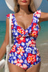 Floral Ruffle Trim V Neck Lace-up Back Tummy Control One Piece Swimsuit