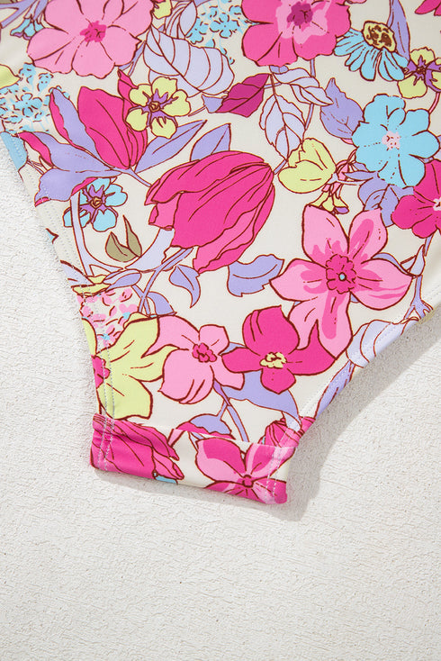 Floral Ruffle Trim V Neck Lace-up Back Tummy Control One Piece Swimsuit