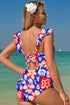 Floral Ruffle Trim V Neck Lace-up Back Tummy Control One Piece Swimsuit